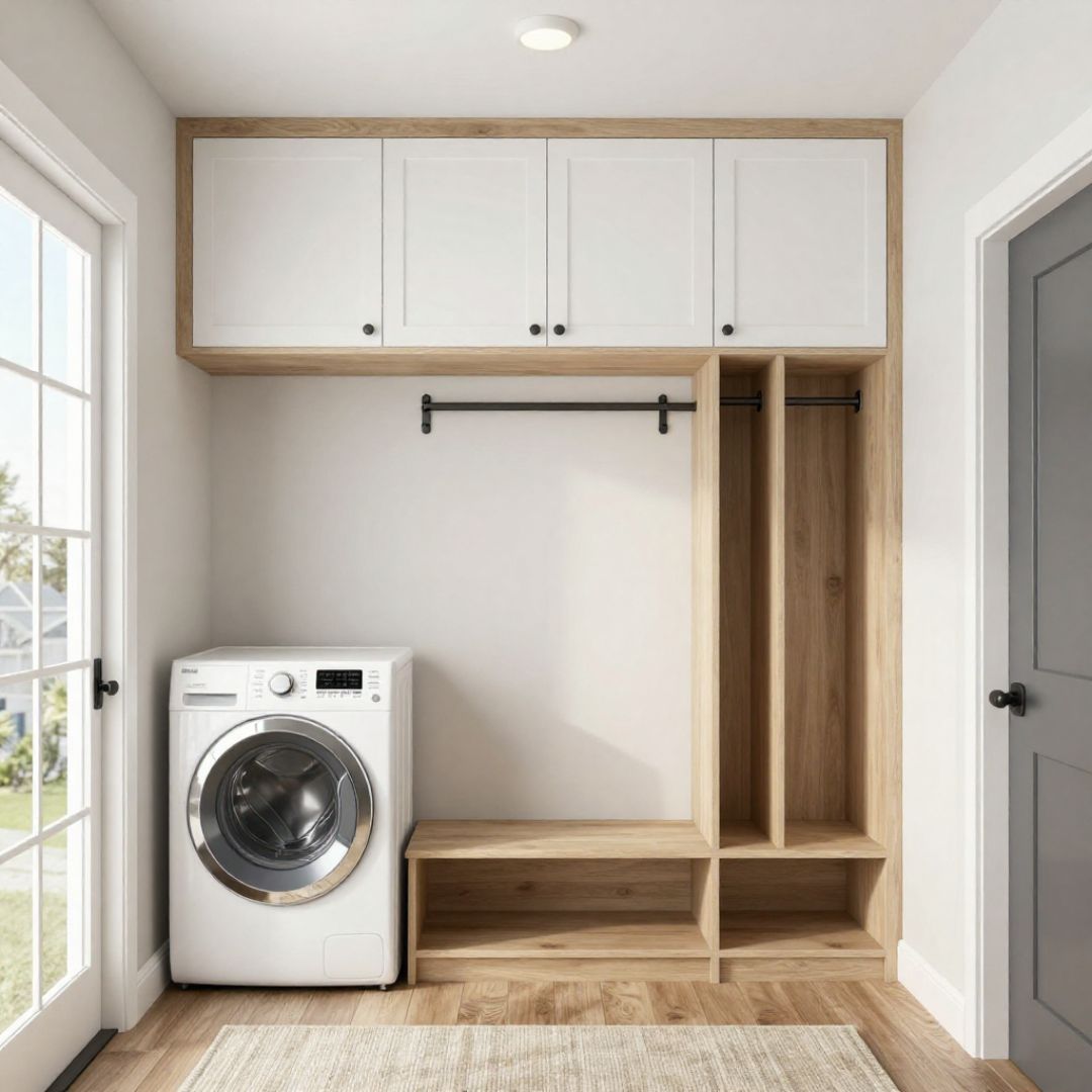 Mudroom and laundry room floor plans with dimensions that fit tight entryways