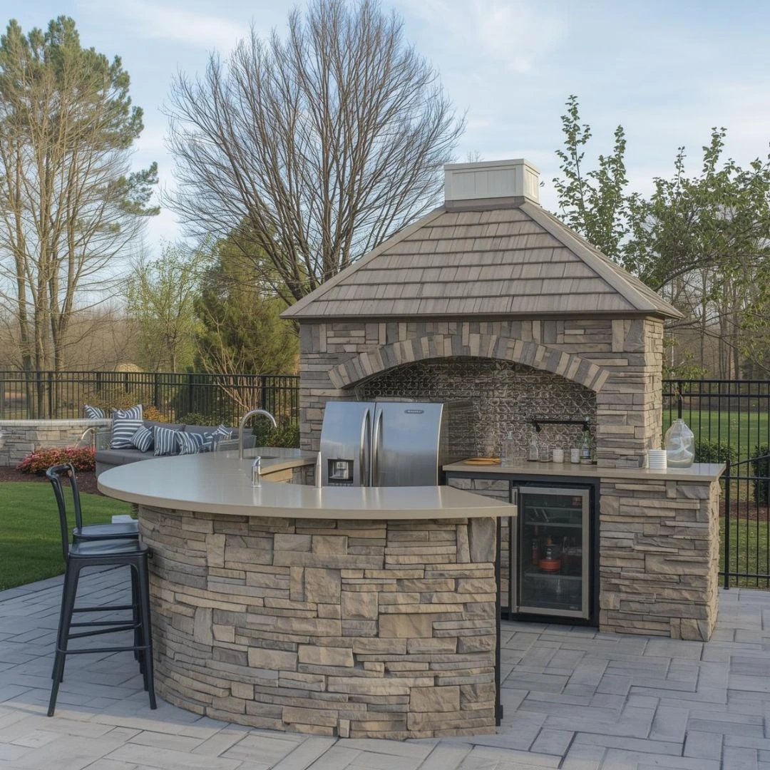 Outdoor Kitchen with Bar, Fridge, and Drink Station